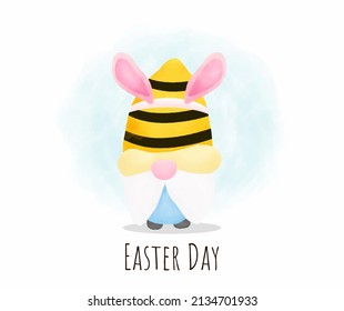 Happy Easter Bunny Gnome Vector Illustration. Easter Card In Water Color Style