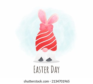 Happy Easter Bunny Gnome Vector Illustration. Easter Card In Water Color Style