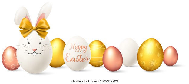 Happy easter bunny with golden and rose golden eggs isolated