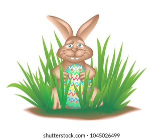 Happy Easter Bunny in the grass holds a painted egg. Vector illustration EPS-8.