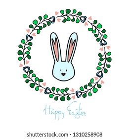 Happy Easter bunny greeting card. Vector illustration with colorful wreath of flowers frame, easter bunny . Hand written lettering.