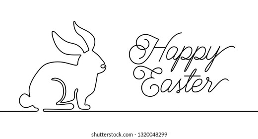 Happy Easter bunny greeting card in simple one line style with text celebration word sign. Rabbit vector illustration. Black and white minimal concept.