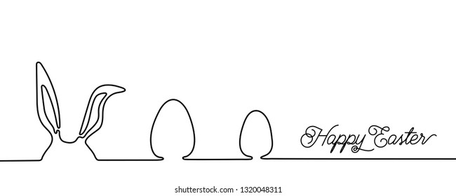 Happy Easter bunny greeting card in simple one line style with text celebration word sign. Copy space. Rabbit vector illustration. Black and white minimal concept.