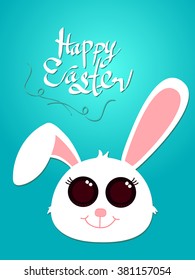 Happy Easter, Easter bunny, greeting card with white Easter rabbit, funny bunny, vector