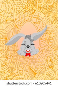 Happy Easter and Easter Bunny for greeting card. Vector vintage letterpress effect, grunge background, vector illustration.