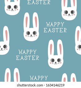 Happy Easter Bunny hand drawn seamless pattern with lettering. Cute cartoon rabbit texture.