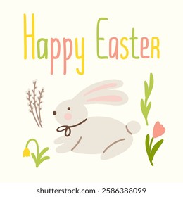 Happy Easter bunny with hand drawn flowers and cheerful greeting for a festive spring celebration, cute greeting card vector illustration