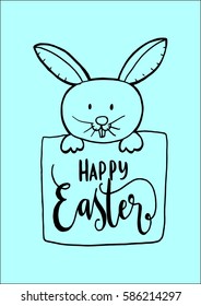 Happy Easter With Bunny. Hand Lettered Quote. Modern Calligraphy