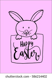Happy Easter With Bunny. Hand Lettered Quote. Modern Calligraphy