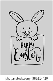 Happy Easter With Bunny. Hand Lettered Quote. Modern Calligraphy