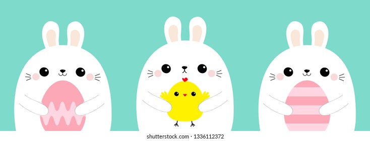 Happy Easter bunny head face holding painting egg, chicken bird set line. Rabbit baby chick. Cute cartoon kawaii funny character. Farm animal. Blue pastel background. Flat design. Vector illustration