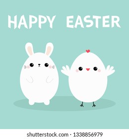 Happy Easter bunny head face, chicken bird set. White rabbit baby chick. Egg shape. Cute cartoon kawaii funny character. Farm animal. Blue pastel background. Flat design. Vector illustration