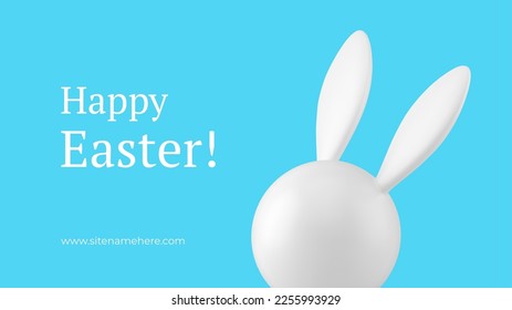 Happy Easter bunny head with long ears festive 3d banner design template realistic vector illustration. Tradition religious spring holiday rabbit animal character minimal congratulations decor element