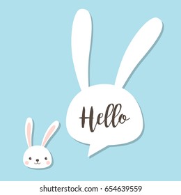 Happy Easter Bunny With Hello Text In Rabbit Shape Speech Bubble.