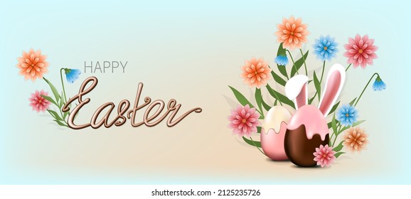 Feliz Pascua. Conejo de Pascua escondido detrás de huevos de chocolate con hielo rosa y flores en un fondo azul. Tarjeta de saludo de ilustración vectorial, anuncio, promoción, afiche, volante, banner web