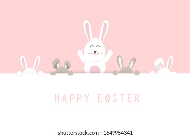 Happy Easter, bunny hide and play, pink pastel greeting card holiday, adorable rabbit, cute cartoon invitation vector illustration