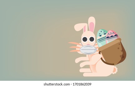 Happy Easter bunny and his eggs on green background. cartoon vector flat design.The rabbit and medical mask.