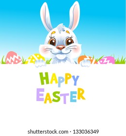Happy Easter Bunny holding banner. Text on a separate layer.