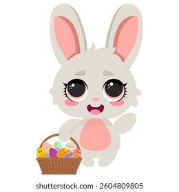 Happy Easter bunny holding a basket full of colorful eggs, smiling joyfully. Perfect for greeting cards, holiday decorations, prints, gifts, and children's illustrations
