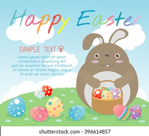 Happy Easter, Bunny holding a basket with Easter eggs., bunny and Easter eggs,rabbit and Easter eggs on background, Happy Easter greeting card,Vector illustration.