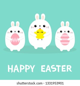Happy Easter Bunny holding chicken bird, painting egg set line. Rabbit baby chick friends forever. Farm animal. Cute cartoon kawaii funny character. Blue pastel background. Flat design. Vector