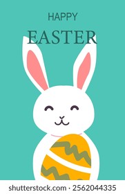 Happy easter bunny holding decorated egg on teal background. Easter abstract modern card.