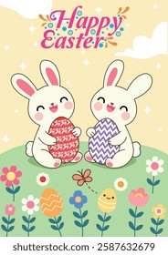 Happy Easter Bunny Holding Egg Graphic Art Vector