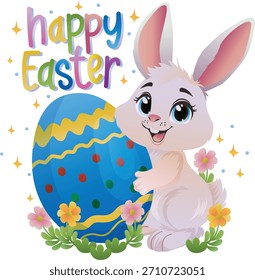 Feliz Pascua con conejito sosteniendo dibujos animados de huevos