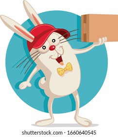 Happy Easter Bunny Holding Gift 
Delivery Bunny with Cardboard Box Vector Cartoon. Drawing of a cute rabbit delivering parcel for holidays
