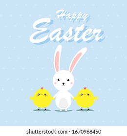 Happy Easter.  Bunny holding hands chicks in cute cartoon funny kawaii kid character 