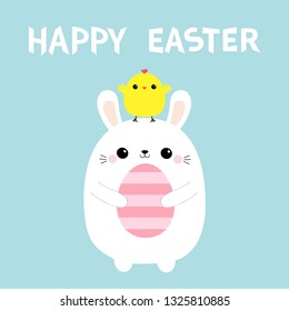 Happy Easter bunny holding painting egg. Chicken on head. Rabbit baby chick bird friends. Farm animal. Cute cartoon kawaii funny character. Blue pastel background. Flat design. Vector illustration