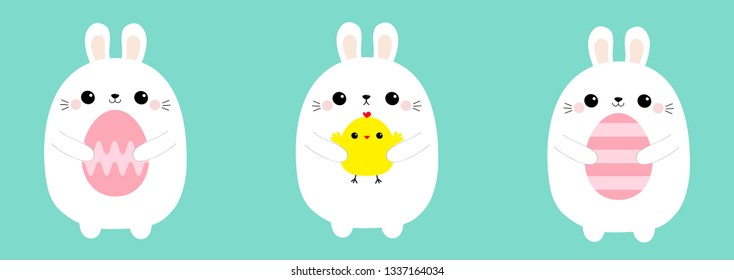 Happy Easter bunny holding painting egg, chicken bird set line. Rabbit baby chick friends forever. Farm animal. Cute cartoon kawaii funny character. Blue pastel background. Flat design. Vector