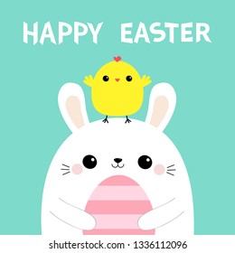 Happy Easter bunny holding striped painting egg. Chicken on head. Rabbit baby chick bird friends forever. Farm animal. Cute cartoon kawaii funny character. Blue pastel background. Flat design Vector