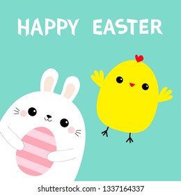 Happy Easter bunny holding striped painting egg. Chicken flying. Rabbit baby chick bird friends forever. Farm animal. Cute cartoon kawaii funny character. Blue pastel background. Flat design Vector