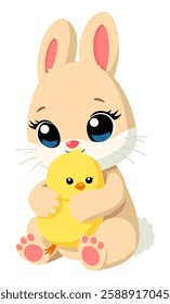 Happy Easter. Easter bunny hugging Easter chick. Vector isolated illustration.