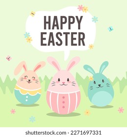 Happy Easter Bunny illustration. Bunny combines egg shape, on a green field background. Cute simple pastel soft color, vector.