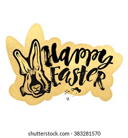 Happy Easter bunny inspirational quote handwritten with black ink and brush, custom lettering for posters, t-shirts and cards. Vector calligraphy on pink watercolor strokes background.