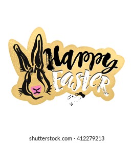 Happy Easter bunny inspirational quote handwritten with black ink and brush, custom lettering for posters, t-shirts and cards. Vector calligraphy on pink watercolor strokes background.