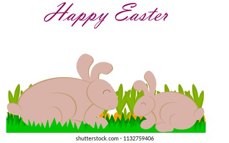 Happy Easter bunny isolated icon vector on green background.  rabbit carrot. Bunny in green grass and carrots