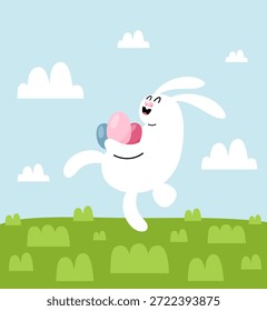 Conejo de Pascua feliz saltando en prado verde que sostiene los huevos coloridos. Linda Ilustración vectorial plana con cielo de primavera y nubes.	