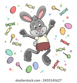 Happy Easter bunny jumps and throws sweets around
