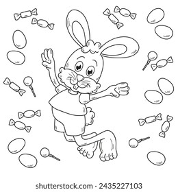 Happy Easter bunny jumps and throws sweets around