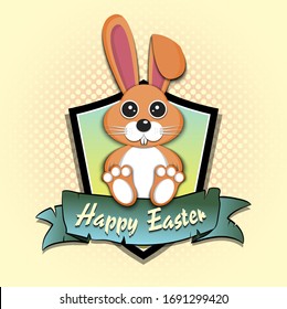 Happy Easter. Easter Bunny. Easter logo design template. Emblem with funny bunny on an isolated background. Pattern for greeting card, banner, poster, banner, ad, invitation. Vector illustration