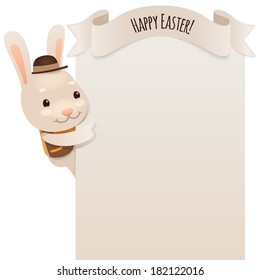 Happy Easter Bunny Looking at Blank Poster. In the EPS file, each element is grouped separately. Isolated on white background.