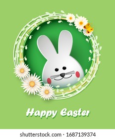  Feliz Pascua. Un conejito de Pascua mirando el fondo verde. Plantilla para tarjeta de felicitación. Estilo de corte de papel. Vector
