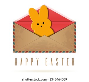 Happy Easter. Easter bunny looks out of the envelope. Vector illustration