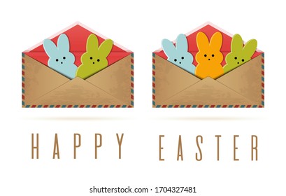 Happy Easter. Easter bunny looks out of the envelope. Easter design set. Vector illustration