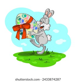 Happy Easter Bunny in a meadow carrying a big painted egg with a red ribbon