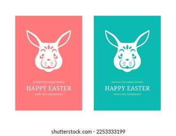 Happy Easter bunny muzzle long ears holiday congratulations greeting card set design template vector flat illustration. Rabbit hare head religious spring festive animal character event celebration