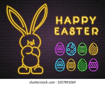 Happy Easter Bunny Neon Light Glowing Rabbit Silhouette and Eggs Set Different Colour Bright with Dark Background